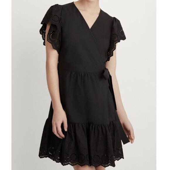Maette Black Eyelet Embroidered Hem & Flutter Sleeve Wrap Mini Dress Size Large - Picture 1 of 6